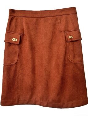 J. McLaughlin Faux Suede Mini Skirt Burnt Orange Size 2 Gold Button Pocket